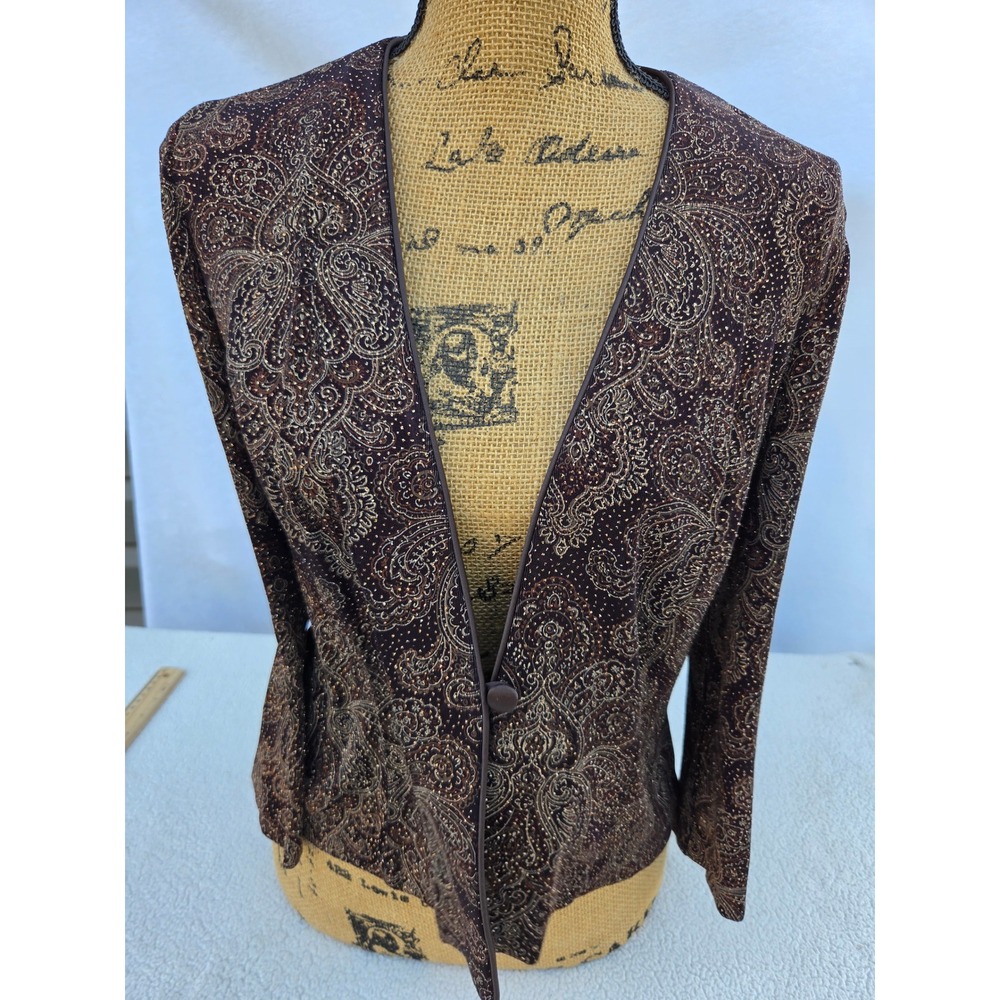 Alex Evenings Paisley Blazer Women 10 Chocolate Gold Metallic Formal Jacket Gala